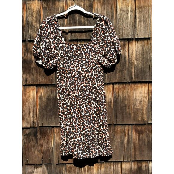 Who What Wear Womens Dress Small Baby Doll Leopard Print Linen Rayon Puff Sleeve - Picture 2 of 10